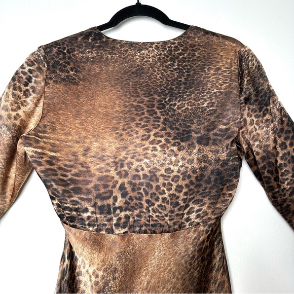 Boho Y2K Leopard Print Bias Cut Split Sleeve Asymmetrical Dress V-Neck Satin - Picture 9 of 12